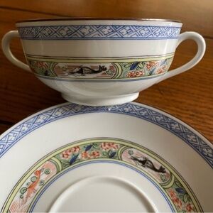 Limoges France Raynaud Kan Sou Double Handled Cream Soup Bowl and Saucer